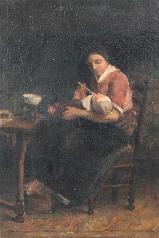 Attributed to Bernard de Hoog (Dutch, 1867-1943) Interior with mother feeding her child, 15.5 x 11.25in.